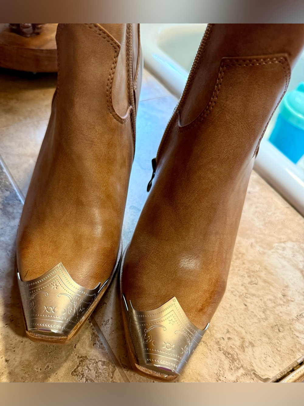 BEAST FASHION Brown Leather Western Ankle Boots with Silver Metal Toe Caps